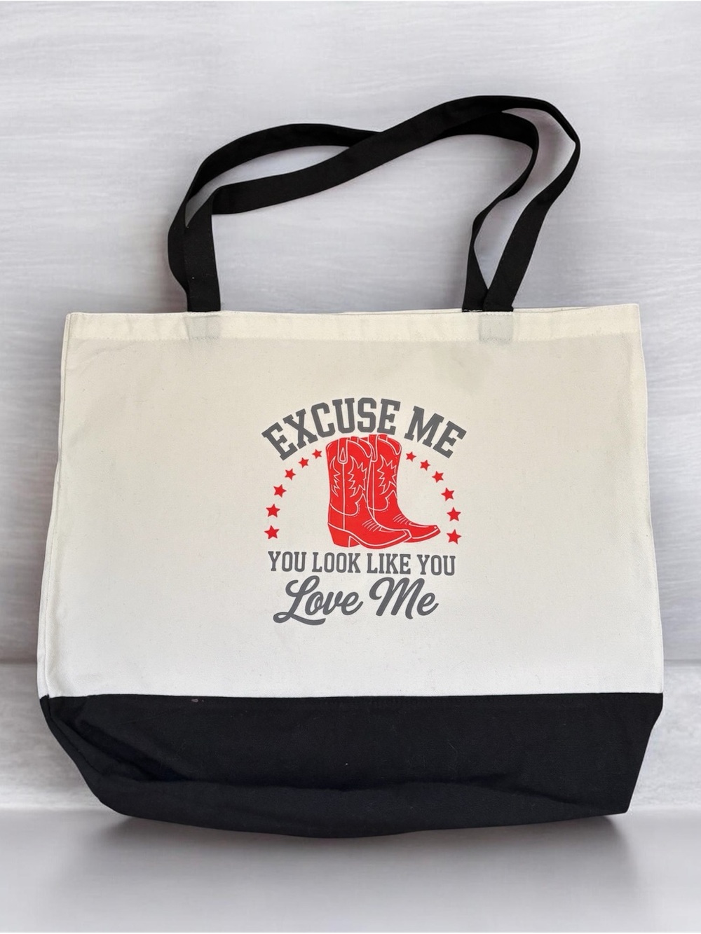 Canvas Tote Bag with Red Cowboy Boot Graphic